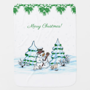Merry Christmas! Snowman with Cat and Puppy Baby Blanket