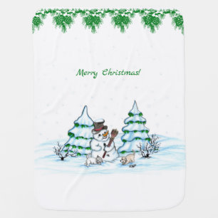 Merry Christmas! Snowman with Cat and Puppy Baby Blanket