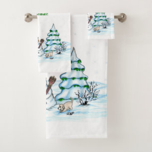 Merry Christmas! Snowman with Cat and Puppy Bath Towel Set