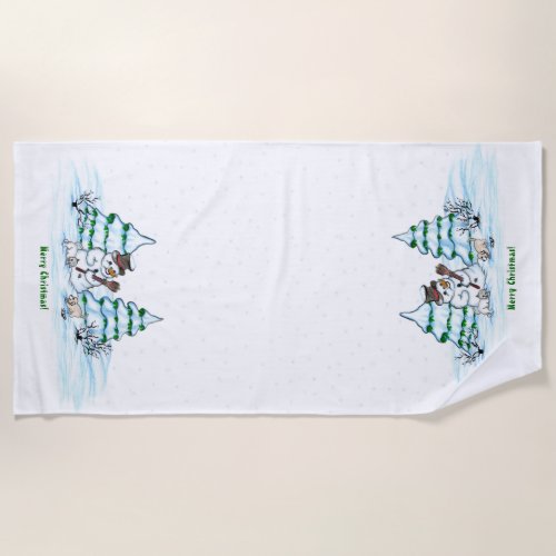 Merry Christmas Snowman with Cat and Puppy Beach Towel