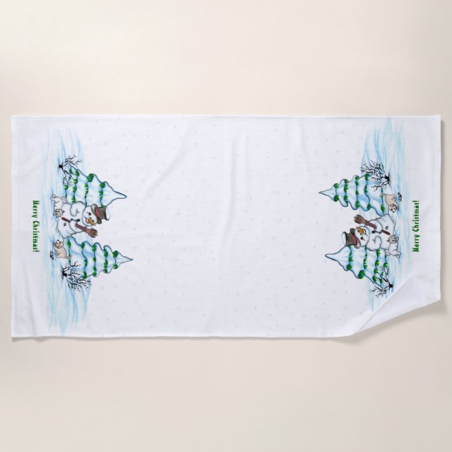 Merry Christmas! Snowman with Cat and Puppy Beach Towel (Front)