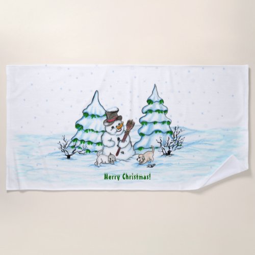 Merry Christmas Snowman with Cat and Puppy Beach Towel