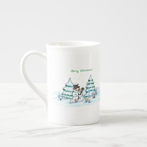 Merry Christmas Snowman with Cat and Puppy Bone China Mug