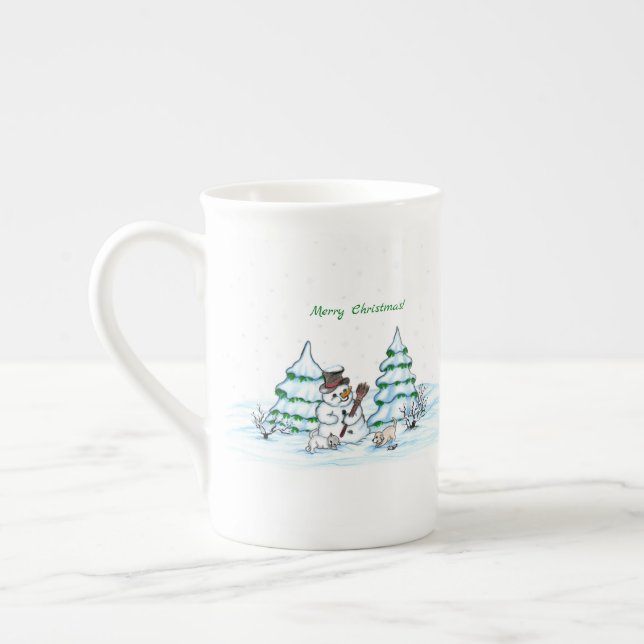Merry Christmas! Snowman with Cat and Puppy Bone China Mug (Left)