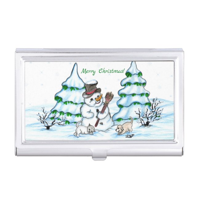 Merry Christmas! Snowman with Cat and Puppy Business Card Case (Front)
