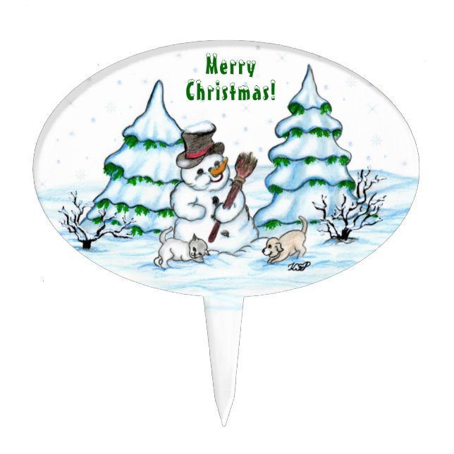 Merry Christmas! Snowman with Cat and Puppy Cake Topper (Front)