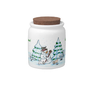 Merry Christmas! Snowman with Cat and Puppy Candy Jar