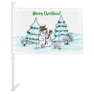Merry Christmas! Snowman with Cat and Puppy Car Flag