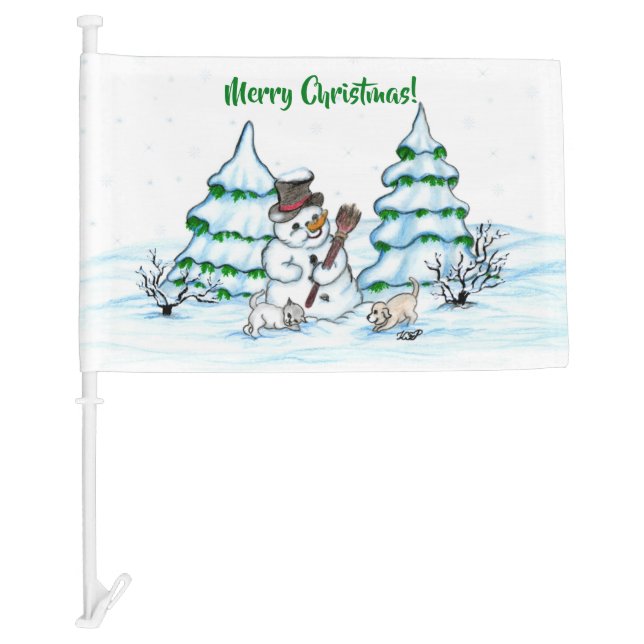 Merry Christmas! Snowman with Cat and Puppy Car Flag (Front)