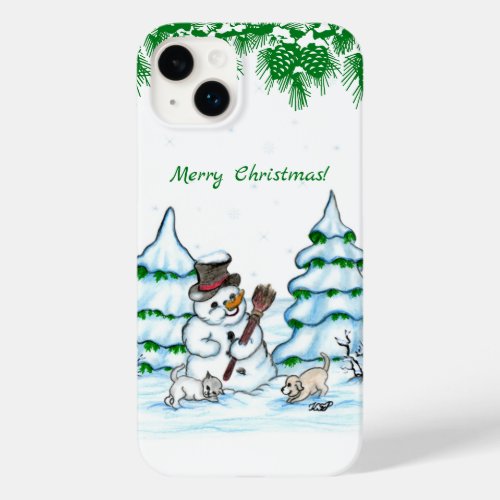 Merry Christmas Snowman with Cat and Puppy Case_Mate iPhone 14 Plus Case