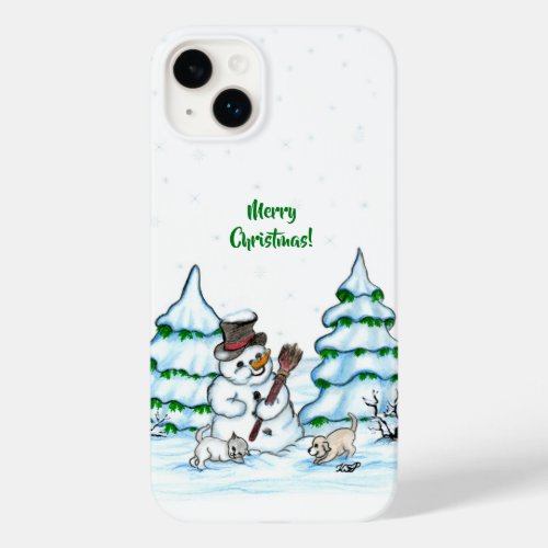 Merry Christmas Snowman with Cat and Puppy Case_Mate iPhone 14 Plus Case