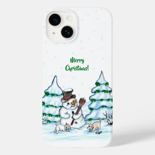 Merry Christmas Snowman with Cat and Puppy Case_Mate iPhone 14 Case