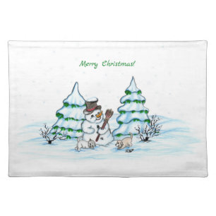 Merry Christmas! Snowman with Cat and Puppy Cloth Placemat