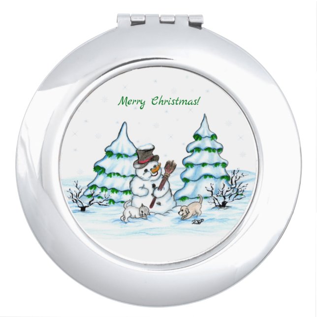 Merry Christmas! Snowman with Cat and Puppy Compact Mirror (Front)