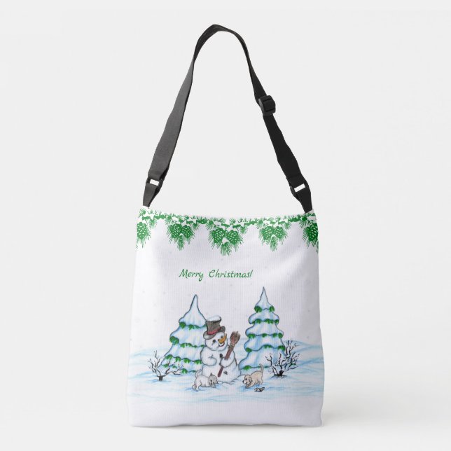 Merry Christmas! Snowman with Cat and Puppy Crossbody Bag (Back)