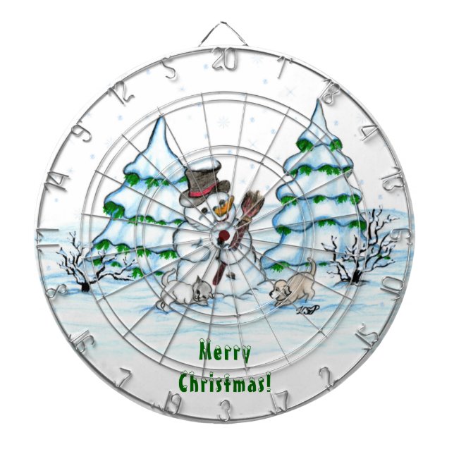 Merry Christmas! Snowman with Cat and Puppy Dart Board (Front)