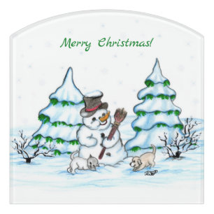 Merry Christmas! Snowman with Cat and Puppy Door Sign