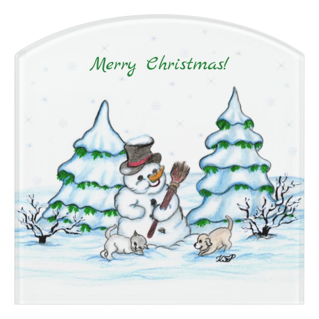 Merry Christmas! Snowman with Cat and Puppy Door Sign (Contour Front)