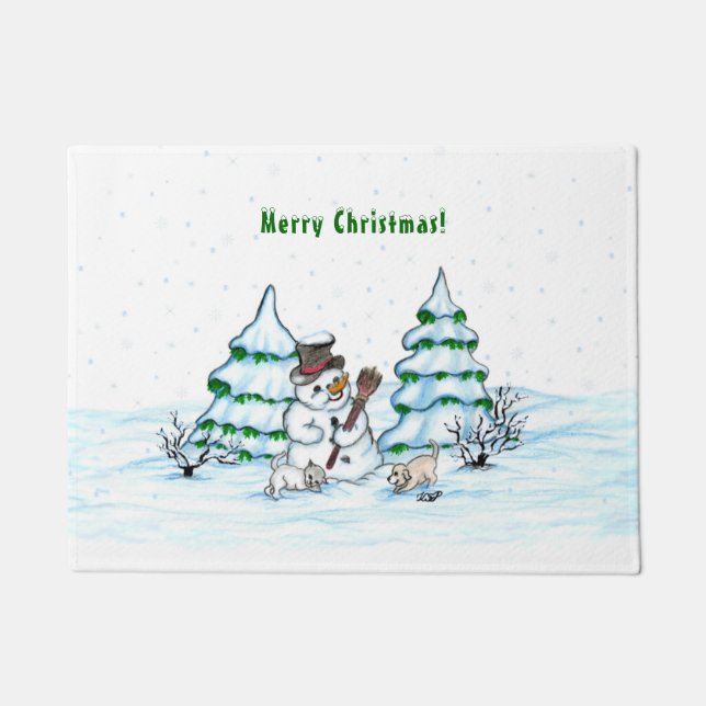 Merry Christmas! Snowman with Cat and Puppy Doormat (Front)