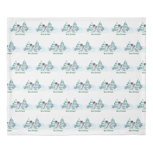 Merry Christmas! Snowman with Cat and Puppy Duvet Cover (Front)