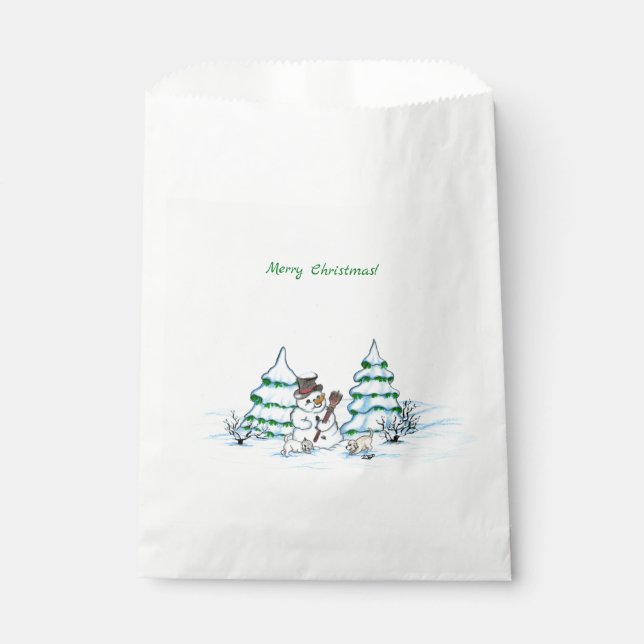 Merry Christmas! Snowman with Cat and Puppy Favor Bag (Front)