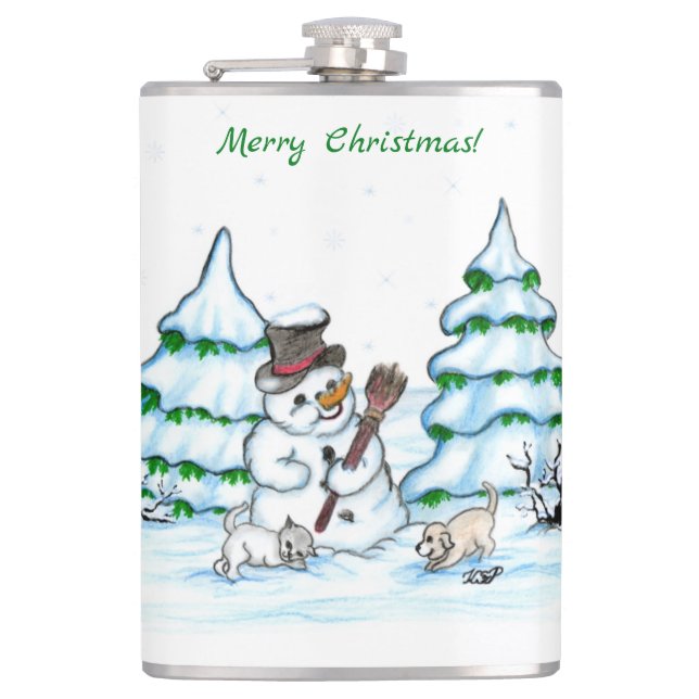 Merry Christmas! Snowman with Cat and Puppy Flask (Front)