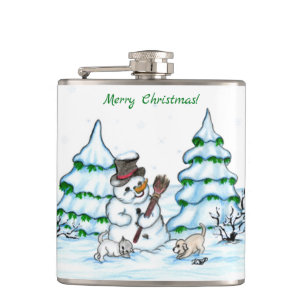 Merry Christmas! Snowman with Cat and Puppy Flask