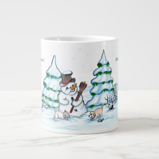 Merry Christmas! Snowman with Cat and Puppy Giant Coffee Mug (Front)