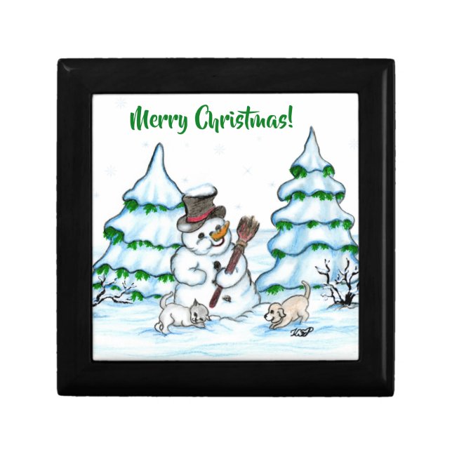 Merry Christmas! Snowman with Cat and Puppy Gift Box (Front)
