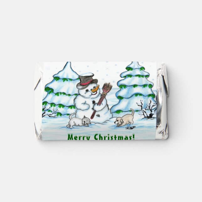 Merry Christmas! Snowman with Cat and Puppy Hershey's Miniatures (Front)
