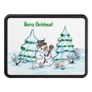 Merry Christmas! Snowman with Cat and Puppy Hitch Cover