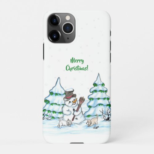 Merry Christmas Snowman with Cat and Puppy iPhone 11Pro Case