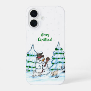 Merry Christmas! Snowman with Cat and Puppy iPhone 16 Case