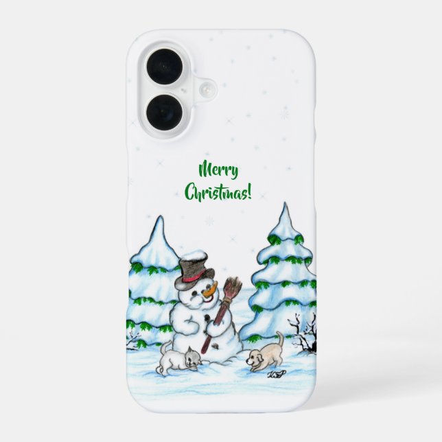 Merry Christmas! Snowman with Cat and Puppy iPhone Case (Back)