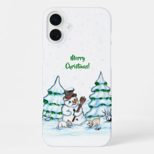 Merry Christmas! Snowman with Cat and Puppy iPhone 16 Plus Case