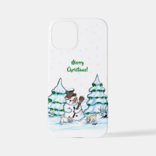 Merry Christmas Snowman with Cat and Puppy iPhone 12 Mini Case