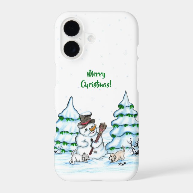 Merry Christmas! Snowman with Cat and Puppy iPhone Case (Back)