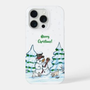 Merry Christmas! Snowman with Cat and Puppy iPhone 15 Pro Case