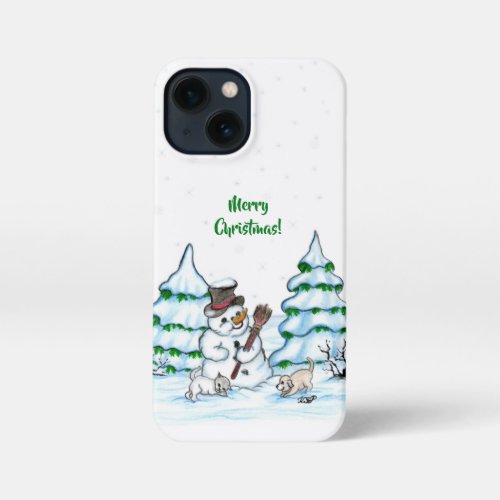 Merry Christmas Snowman with Cat and Puppy iPhone 13 Mini Case