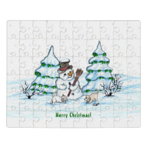 Merry Christmas! Snowman with Cat and Puppy Jigsaw Puzzle