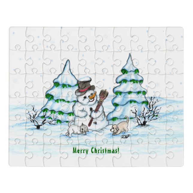 Merry Christmas! Snowman with Cat and Puppy Jigsaw Puzzle (Puzzle Horizontal)