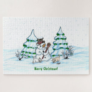 Merry Christmas! Snowman with Cat and Puppy Jigsaw Puzzle