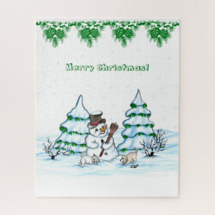 Merry Christmas! Snowman with Cat and Puppy Jigsaw Puzzle
