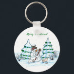 Merry Christmas! Snowman with Cat and Puppy Keychain<br><div class="desc">Merry Christmas! Snowman with Cat and Puppy - little Dog ~~~ colored pencil drawing by Krisi ArtKSZP ~~~ Store Category >>> Merry Christmas for Kids >>> Snowman with Cat and Puppy</div>