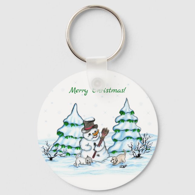 Merry Christmas! Snowman with Cat and Puppy Keychain (Front)