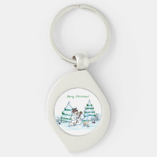 Merry Christmas! Snowman with Cat and Puppy Keychain