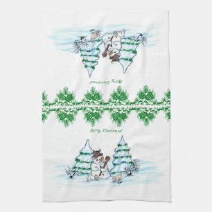 Merry Christmas! Snowman with Cat and Puppy Kitchen Towel