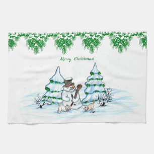Merry Christmas! Snowman with Cat and Puppy Kitchen Towel