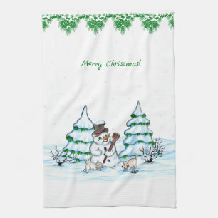 Merry Christmas! Snowman with Cat and Puppy Kitchen Towel