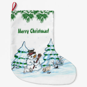 Merry Christmas! Snowman with Cat and Puppy Large Christmas Stocking